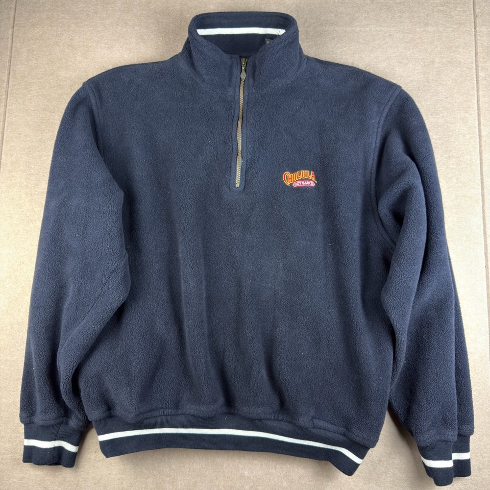 Vintage Cholula Hot Sauce Promo Fleece Pullover Mens L Navy‎ 1/4 Zip Logo Taiwan